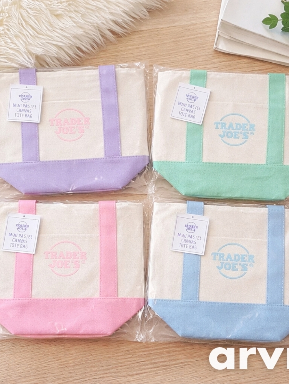Trader Joe’s Mini Canvas Tote Bags (Lot of 4) Pastel Spring Easter NEW WITH TAGS